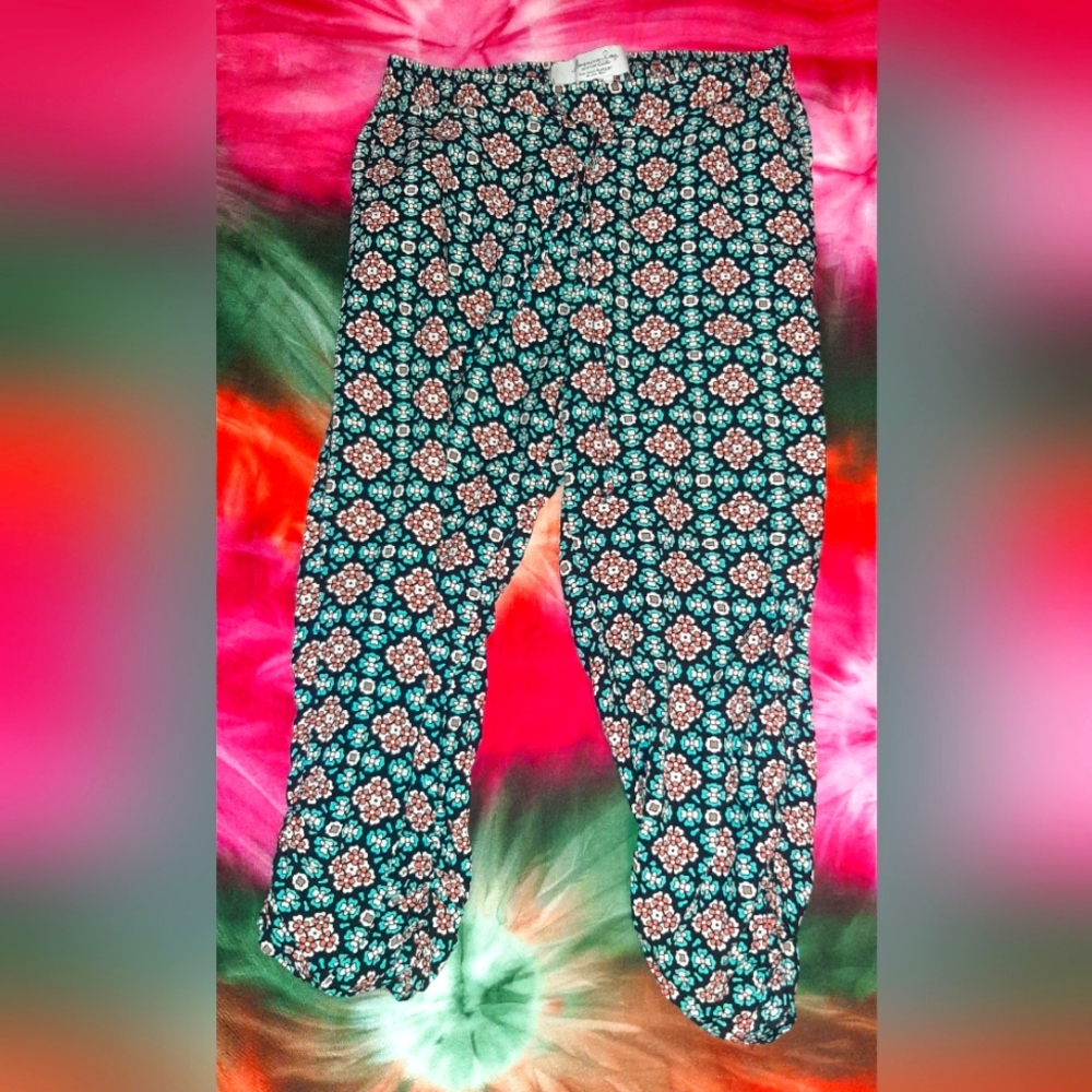 American Rag Cie Blue Floral Patterned Boho Cropped Pants Size Small